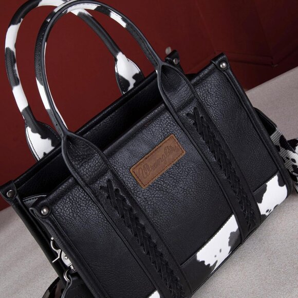 Elegant Wrangler Cow Print Tote Bag - Vegan Leather Shoulder Purse, 11 x 3.8 x 8 - Picture 4 of 7